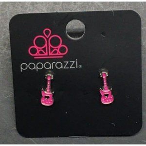 Guitar Heart Stud Earrings Pierced Hot Pink Black Silver Rock Roll Punk Goth Emo